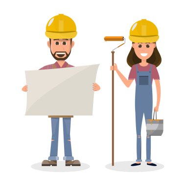 mimar, foreman, farklı karakter Mühendislik İnşaat işçisi. vektör çizim karikatür karakter tasarımı 