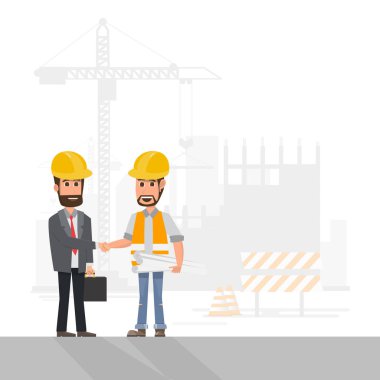İnşaat işçisi mühendislik mimar, foreman, site.vector illüstrasyon binasında bir proje yönetmek