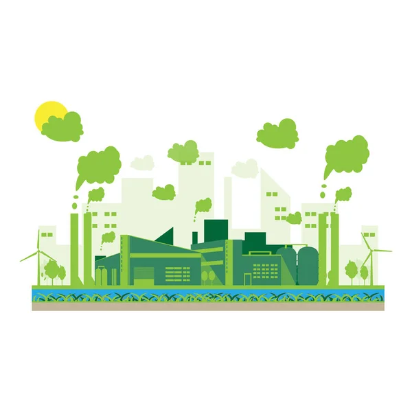 Eco industrial factory in a flat style.Vector and illustration of manufacturing building.Eco style concept.City landscape