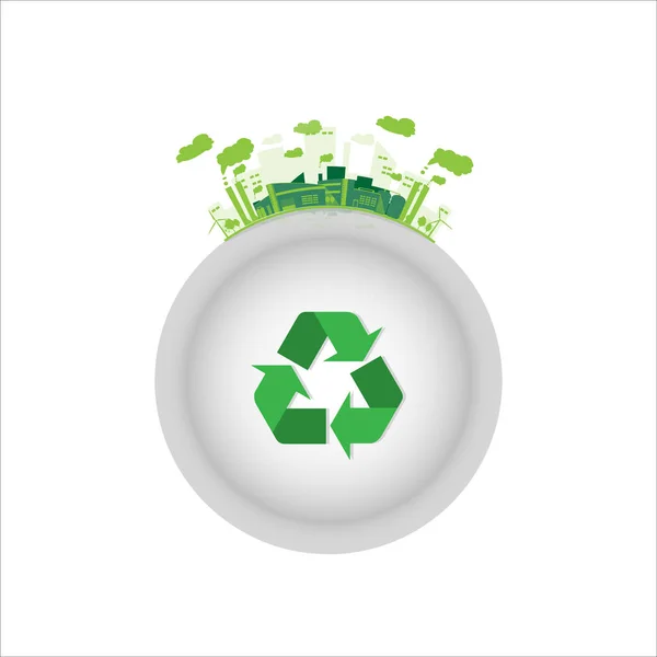 みどりのリサイクル シンボルと生態産業工場 世界を救うエコ スタイルの概念をイラストとベクター — ストックベクタ