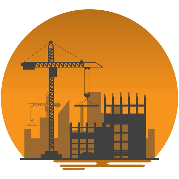 Silhouette Building Site Work Process Construction Cranes Machines Vector Illustration — Stock Vector