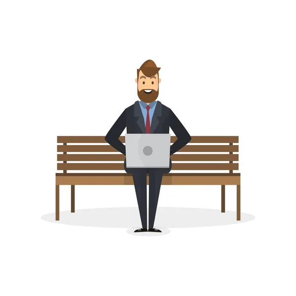 Empresário Sentar Trabalhando Com Laptop Cadeira Madeira Ilustração Vetorial Estilo — Vetor de Stock