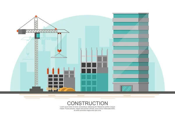 Building Site Work Process Construction Cranes Machines Vector Illustration — Stock Vector