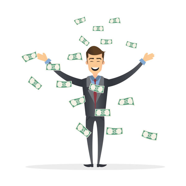Успешный бизнесмен в восторге от дождя денег сверху, векторная иллюстрация. бизнес концепция
