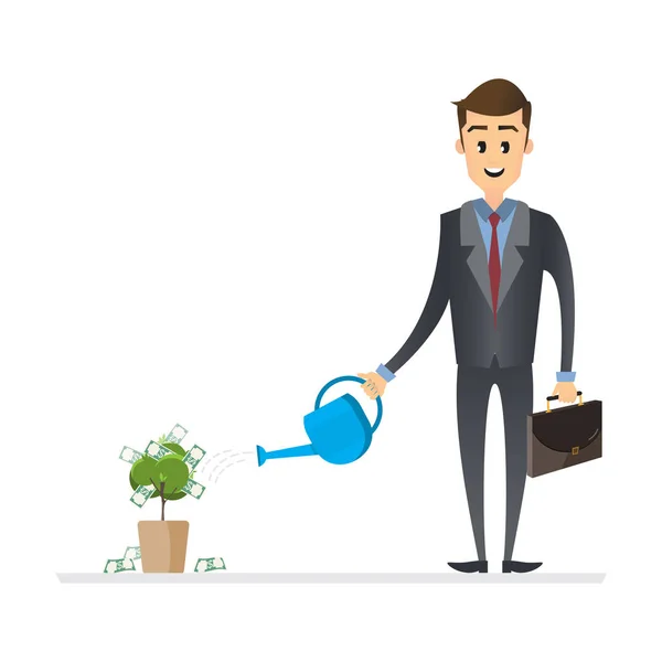 Empresario Regando Árbol Dinero Aislado Sobre Fondo Blanco Ilustración Vectorial — Vector de stock