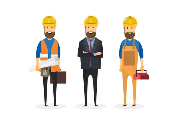 İnşaat mühendisi, mimar ve inşaat işçileri karakter grubu. Serin vektör düz tasarım inşaat takım karakterler line-up. Grup zor şapka dostu gülümseyen içinde inşaat işçileri