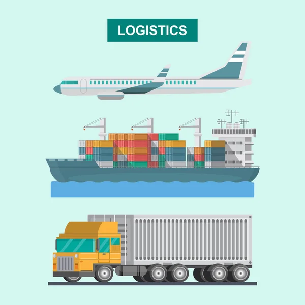 Fraktflygplanet Logistik Transport Containerfartyg Och Lastbil Vektor Illustration Platt Stil — Stock vektor