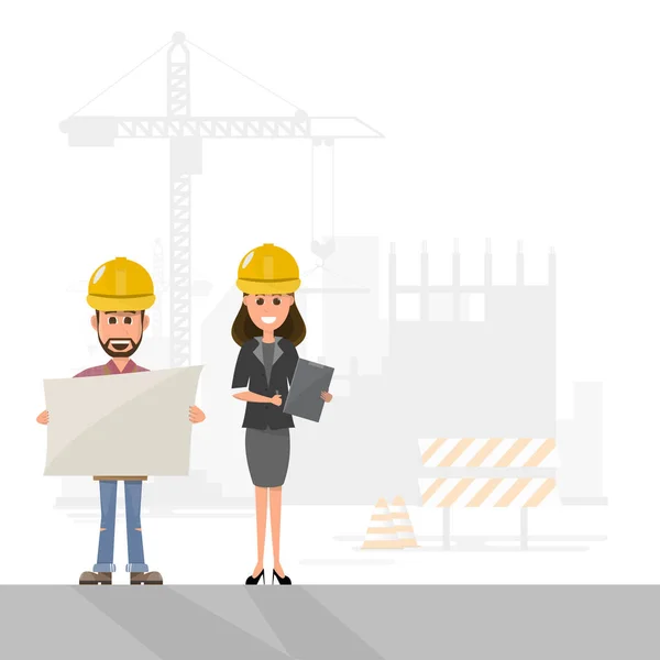 Architect Foreman Businesswoman Engineering Construction Worker Manage Project Building Site — Stock Vector