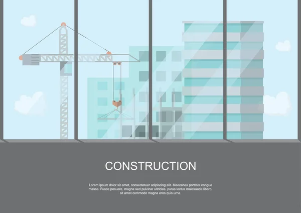 Proceso Trabajo Del Sitio Construcción Con Grúas Máquinas Vista Edificio — Vector de stock