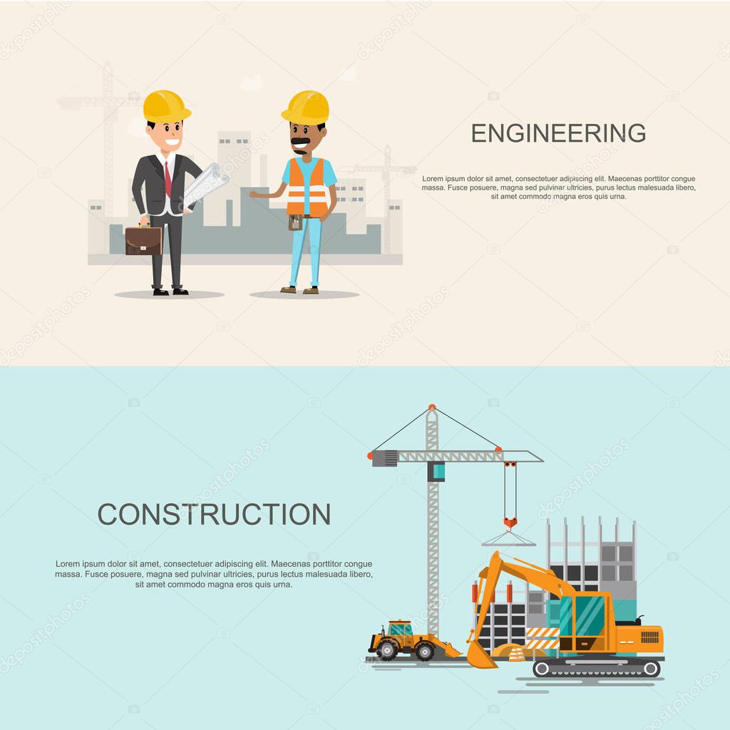 infographics Building site work process under construction with cranes and machines.Vector illustration