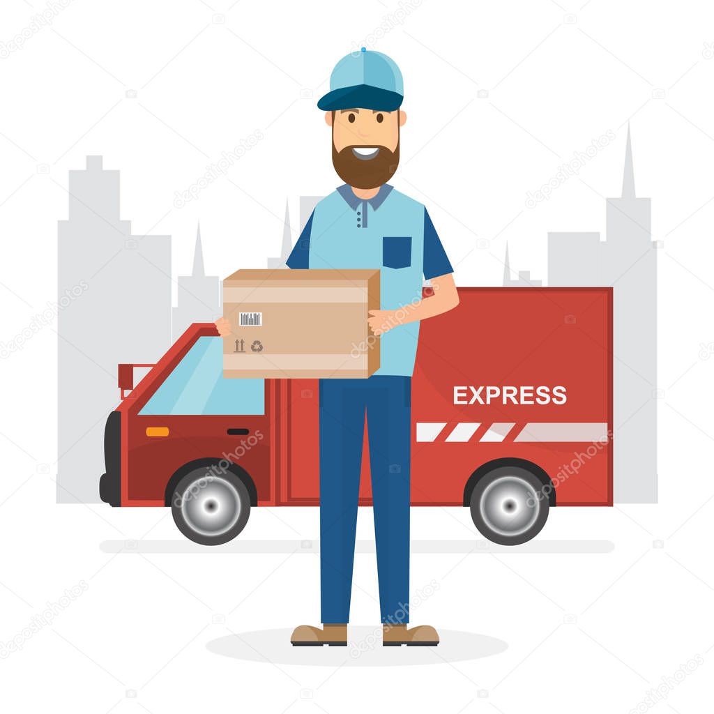Delivery Concept. Fast delivery van. Delivery man sending in the city. vector illustration 