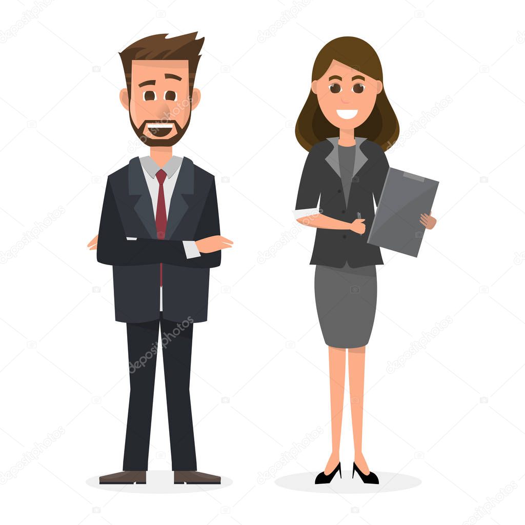 Businessman and woman cartoon character teamwork  isolated on white background, Business concept vector illustration .