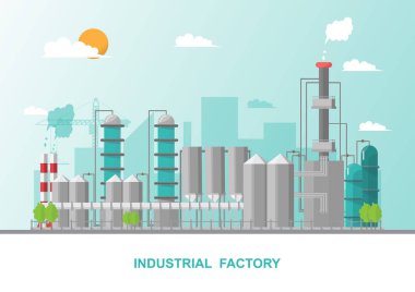 Endüstriyel fabrika düz bir tarzda. Vektör ve bina üretim örnektir. Eko Stil kavramı. Şehir manzarası