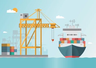 Deniz taşımacılığı logistic. Deniz taşıma. Kargo gemisi, düz stil üzerinde nakliye konteyner. Vektör çizim