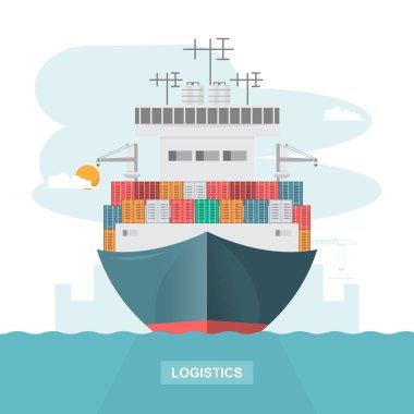 Deniz taşımacılığı logistic. Deniz taşıma. Kargo gemisi, düz stil üzerinde nakliye konteyner. Vektör çizim