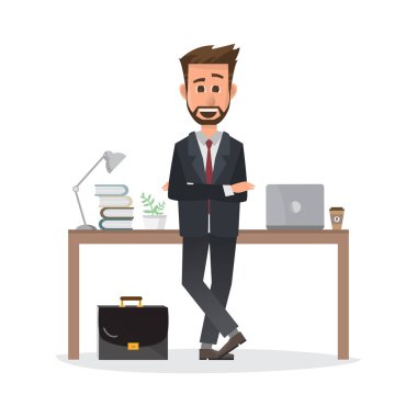 işadamı gülümseyen ayakta ve ofisinde bir dizüstü bilgisayarda çalışıyor. İş kavramı. vektör çizim.