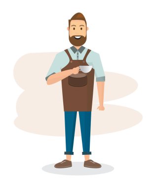 Barista erkek ve kadın makine ve aksesuarları bir kafede. Vektör çizim