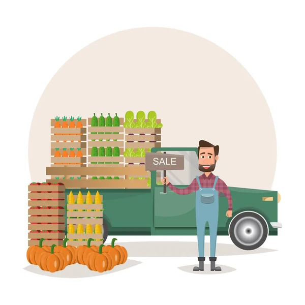 Säljer Frukt Och Grönsaker Bonde Hämtning Och Leverans Produkt Från — Stock vektor