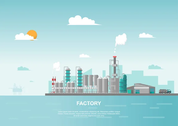 Βιομηχανικό Εργοστάσιο Στη Θάλασσα Επίπεδη Στυλ Διάνυσμα Και Εικονογράφηση Της — Διανυσματικό Αρχείο