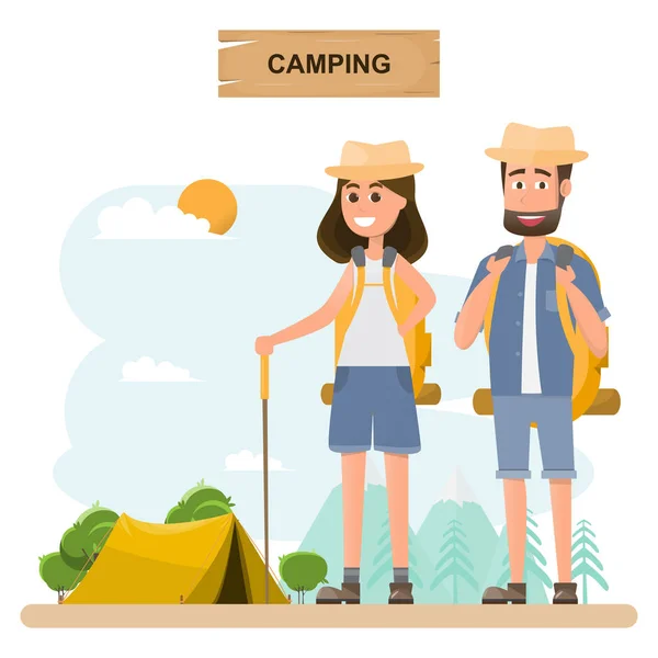 Gente Viaja Pareja Con Mochila Acampar Unas Vacaciones Ilustración Vectorial — Archivo Imágenes Vectoriales