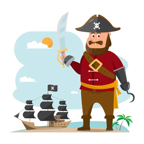 Cartoon Vector Illustration Pirate Adventure Old Ship Beach Sea Background — Stock Vector
