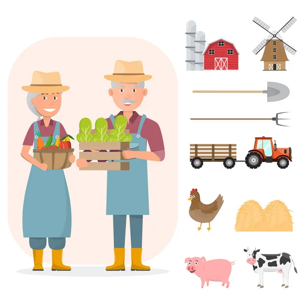 幸福的农民家庭卡通人物在有机农村农场与农场设备 向量例证 — 图库矢量图片