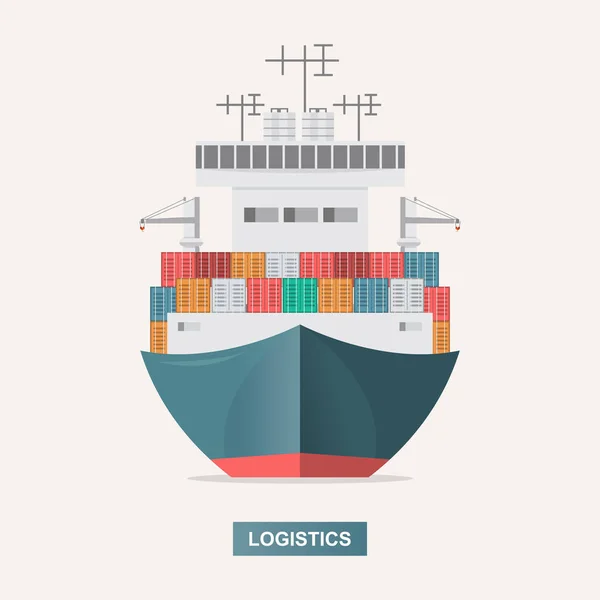 Sea Transport Logistic Sjöfrakt Lastfartyg Container Frakt Platta Stil Vektorillustration — Stock vektor