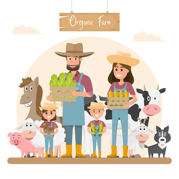 Agriculteur Personnage Dessin Animé Familial Avec Des Animaux Dans Ferme — Image vectorielle