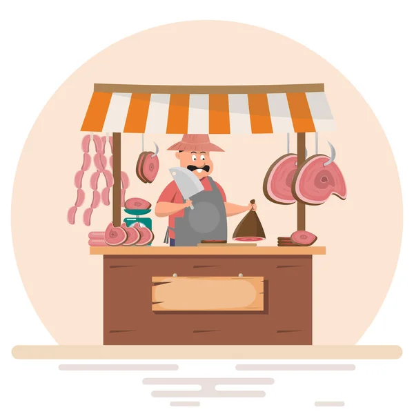 Homem Gordo Açougueiro Oferecendo Carne Fresca Loja Costeletas Porco Ilustração — Vetor de Stock