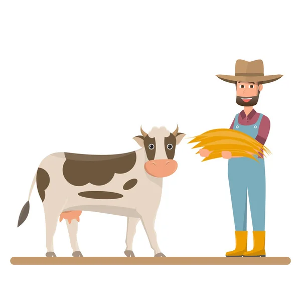 農家は 牛の牛乳のわらを与えます ベクトル図 — ストックベクタ