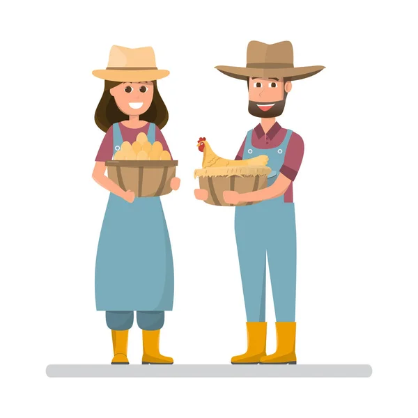 拿着鸡蛋和母鸡的农民 动画片男人和妇女与有机天然食物从村庄农场 — 图库矢量图片