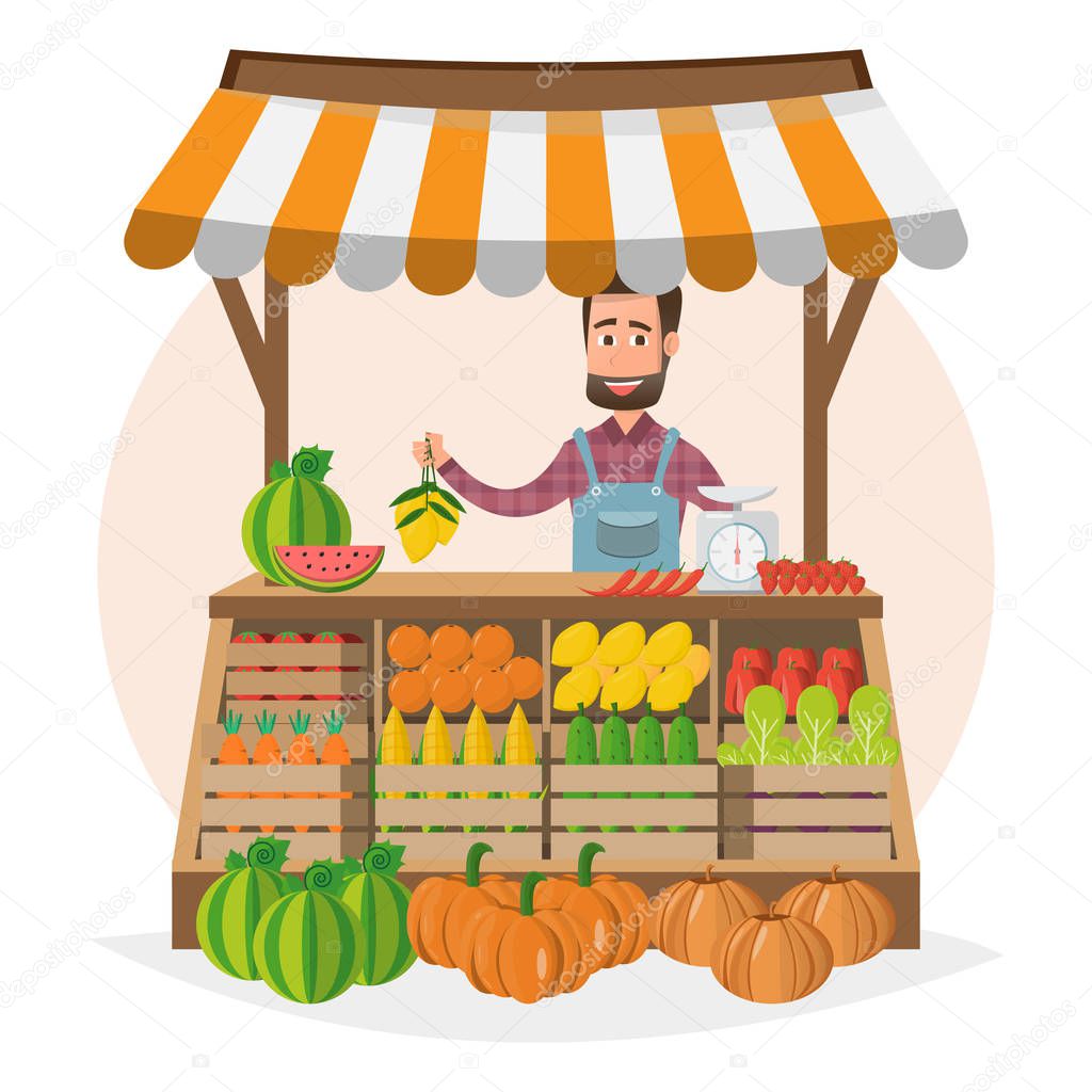 Farm shop. Local market. Selling fruit and vegetables. business owner working in his own store. flat vector illustration. Fresh food