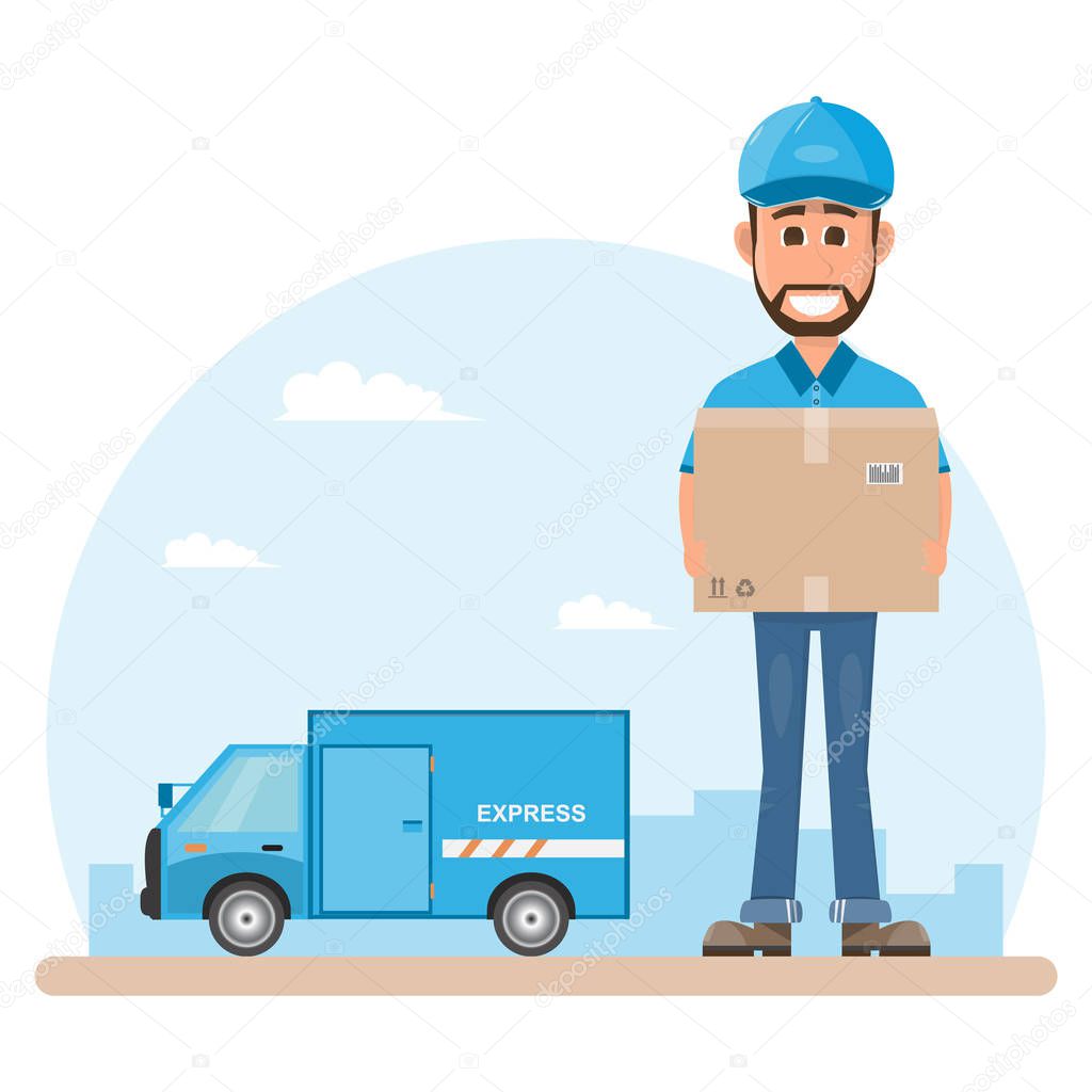 delivery man with box. Postman design isolated on white background. Courier in hat and uniform with package. Vector illustration. Flat cartoon character