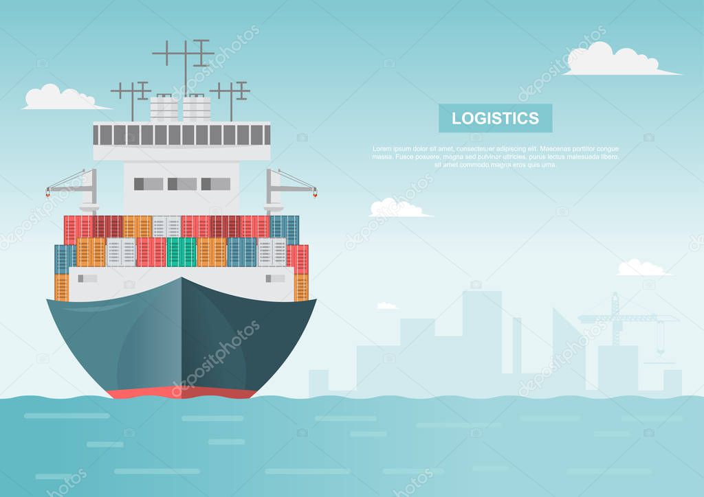 Sea transportation logistic. Sea Freight. Cargo ship, container shipping on flat style. Vector illustration