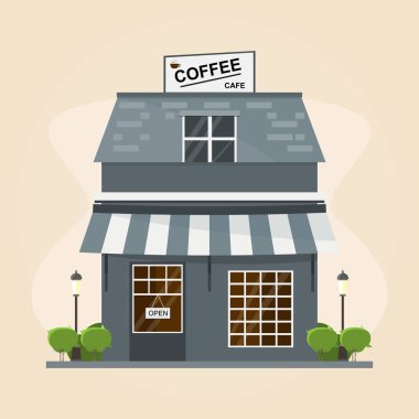 Modern kafe binası. Retro arka plan üzerinde inşaat için öğeleri kümesi. Vektör çizim düz stil