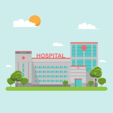 Hastane düz stil mavi gökyüzü üzerinde bina. Ambulans, sağlık ve bakım, yardım ve doktor. Vektör çizim