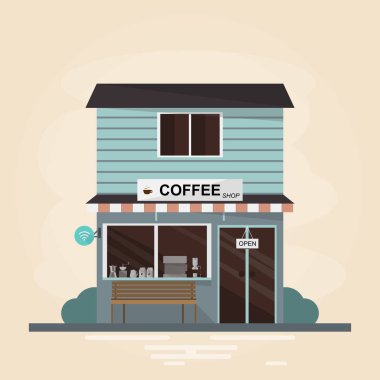 Modern kafe binası. Öğeleri kümesi inşaat saklayın. Vektör çizim düz stil