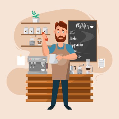 Barista adam makine ve aksesuarları bir kafede. O dökme ve süt Holding'in ve bir fincan kahve yapma. Çizgi film restoran personeli. Vektör çizim