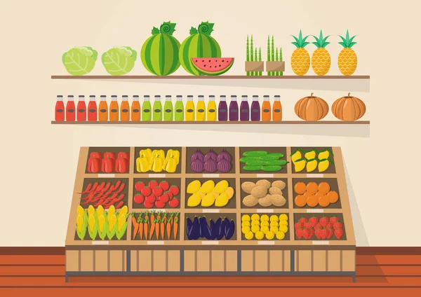 農家の店 地元の市場 果物や野菜を販売します フラットなデザインのベクトル図に保存します 生鮮食品 — ストックベクタ