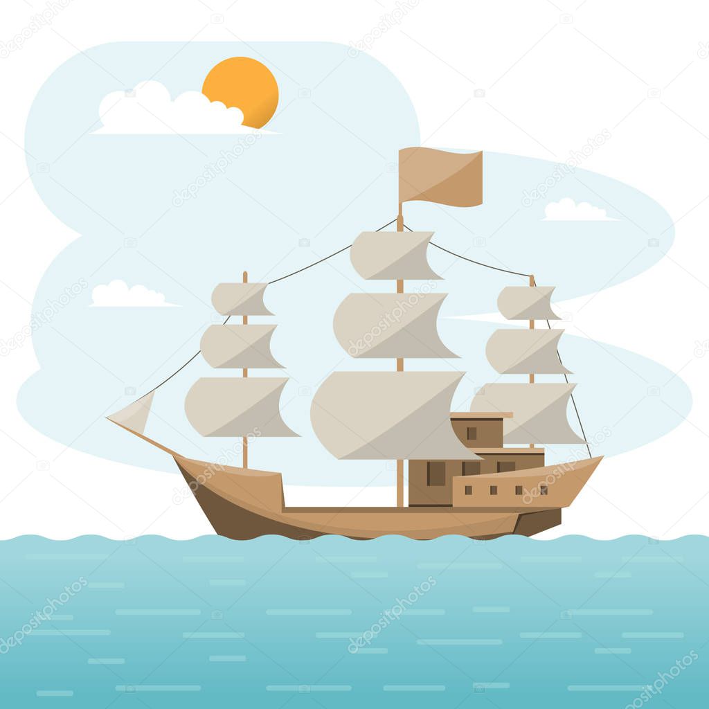Sea transportation logistic. brig, Sea Freight. Cargo ship, container shipping on flat style. Vector illustration