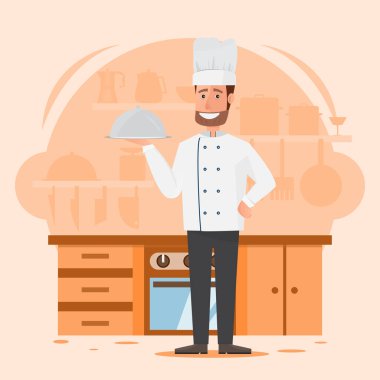 profesyonel adam Şef Restoran mutfak arka plan ile. insanlar çizgi kahramanlar.