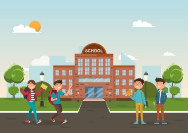 Öğrenciler okulda farklı karakter. Eğitim kavramı. vektör çizim çizgi film karakteri