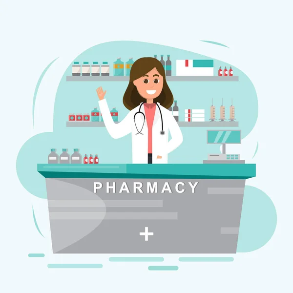 eczane hemşire Counter ile. eczane çizgi film karakteri tasarlamak vektör