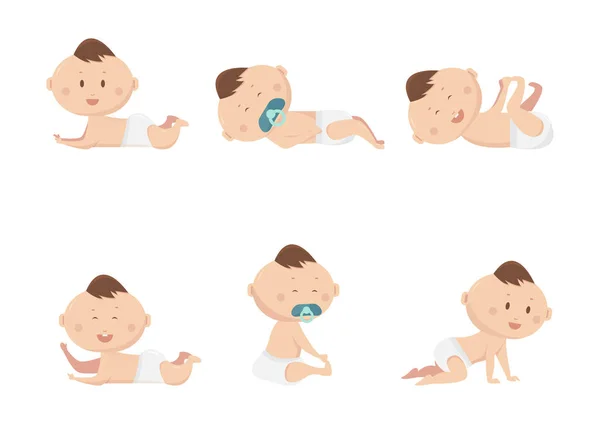 Schattige Babyjongen Van Diverse Aard Zoals Slapen Zitten Huilen Spelen — Stockvector
