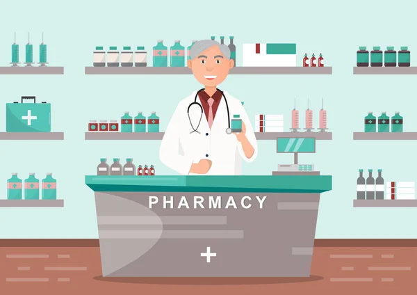 药房与医生在柜台 药店卡通人物设计向量例证 — 图库矢量图片