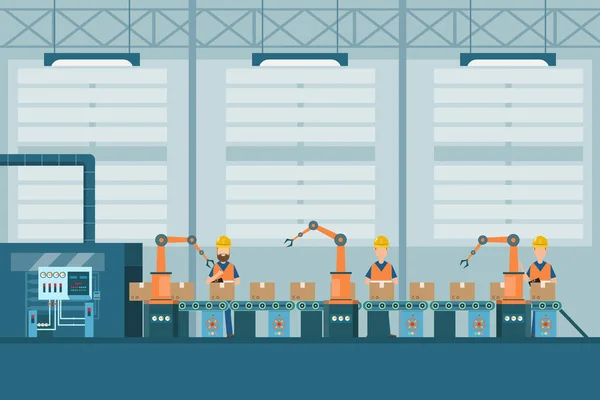 Fábrica Industrial Inteligente Estilo Plano Com Trabalhadores Robôs Embalagem Linha —  Vetores de Stock