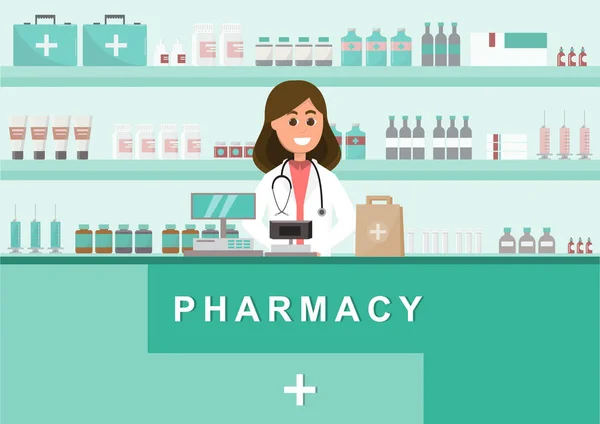 Pharmacie Avec Infirmière Comptoir Drugstore Dessin Animé Personnage Conception Illustration — Image vectorielle