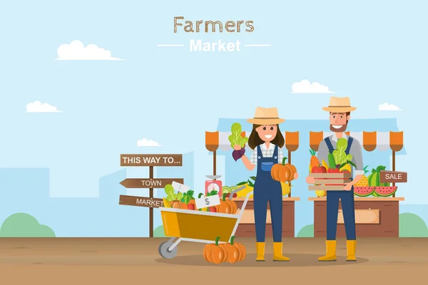 農家の店 地元の市場 果物や野菜を販売します ビジネスの所有者が自分の店で働きます フラットのベクター イラストです 生鮮食品 — ストックベクタ