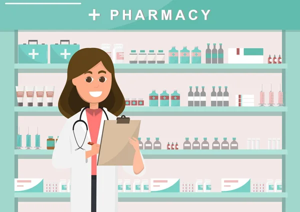 Farmacia Con Enfermera Mostrador Ilustración Vectores Diseño Personajes Dibujos Animados — Vector de stock