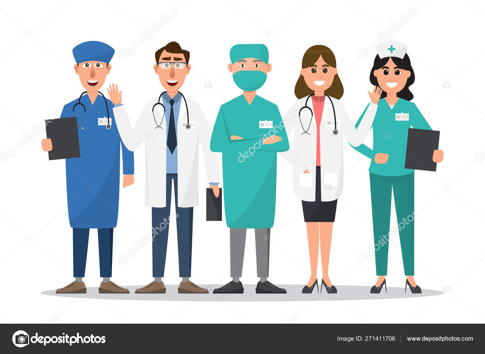 Ilustração dos desenhos animados da equipe de equipe médica do hospital,  personagens de médicos e enfermeiros.